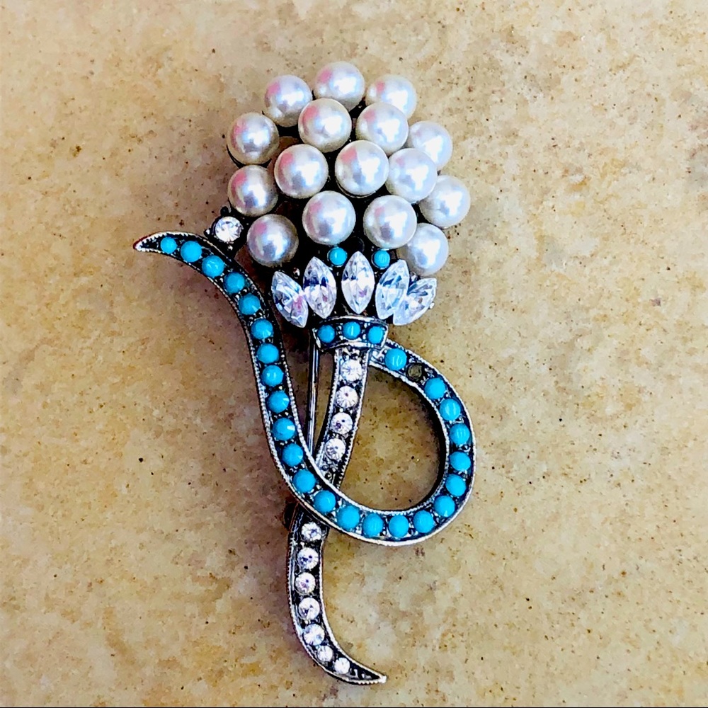 Pearl Cluster Turquoise Clear Rhinestones Dandelion Flower Brooch